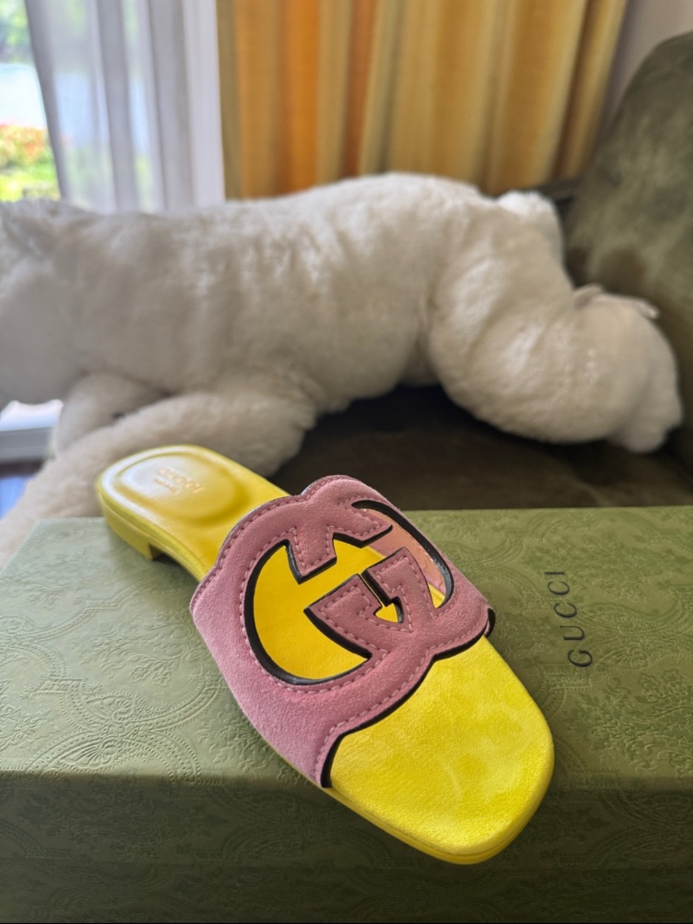 Gucci Pink Suede & Yellow Leather GG Slide Mule